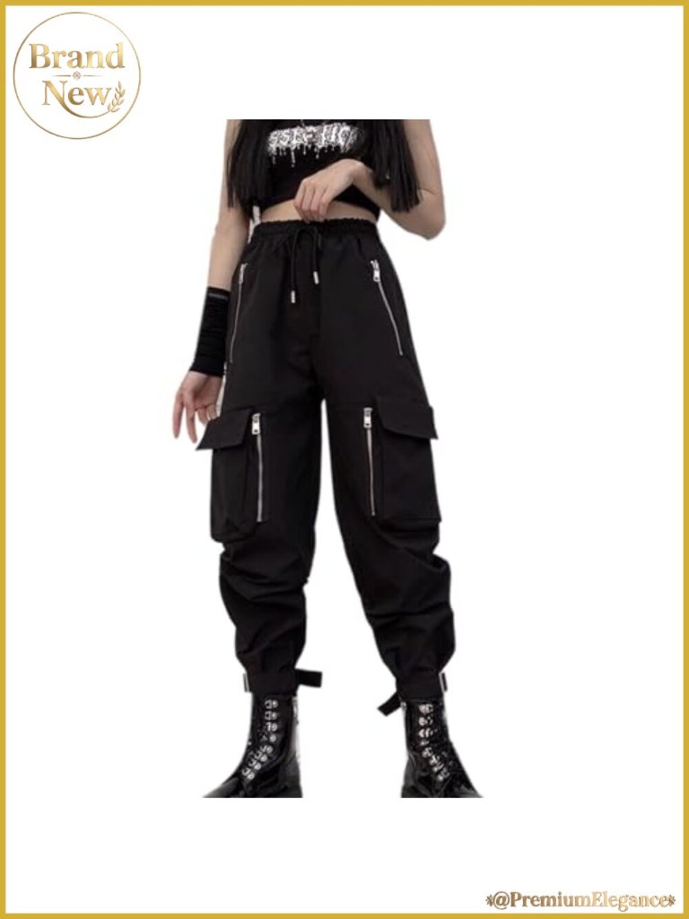 Women's Loose Cargo Pants with Chain Details Multi-Pocket Zipper